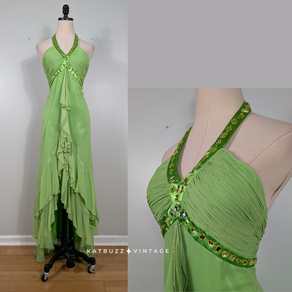 Vintage Silk Prom Dress Maxi Gown 2 Green Fairy Nymph Y2K Halter Bead Ruffle